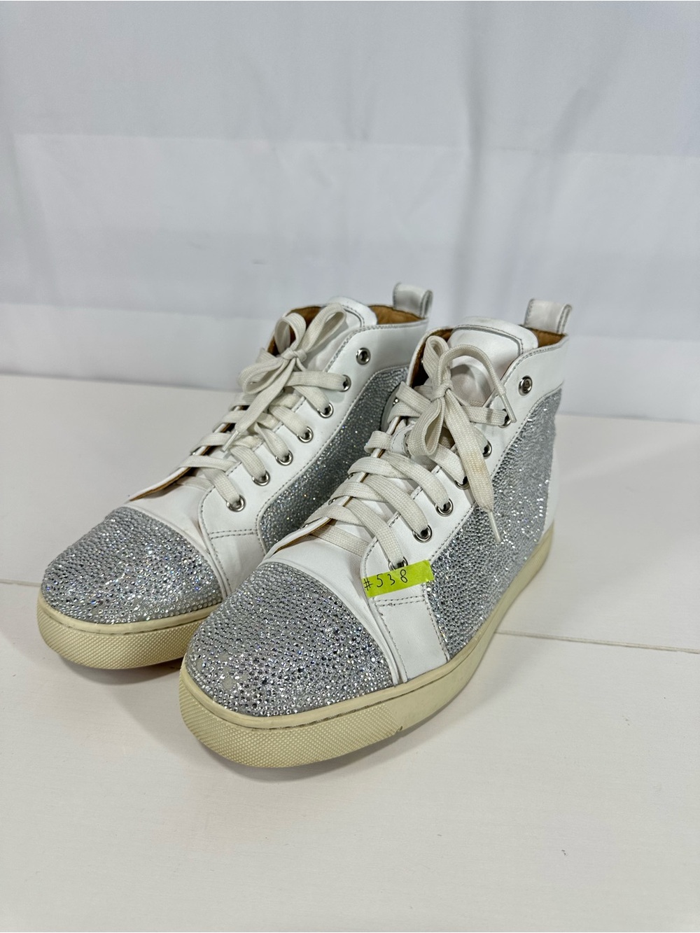 #538 Christian Louboutin Sneakers Rhinestone Leather White Men's Size EU41